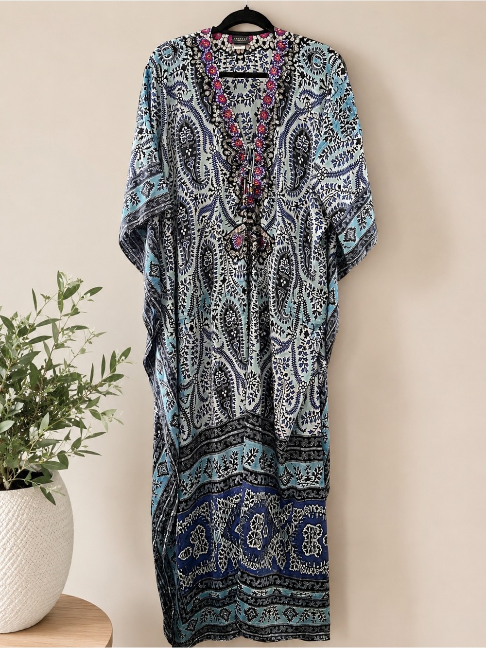 Sakkas Beaded V-Neck Paisley Caftan - Blue Multi OS